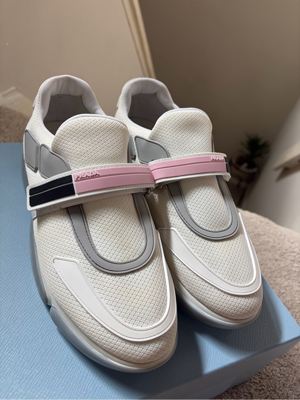 Prada White Leather & Mesh Sneakers